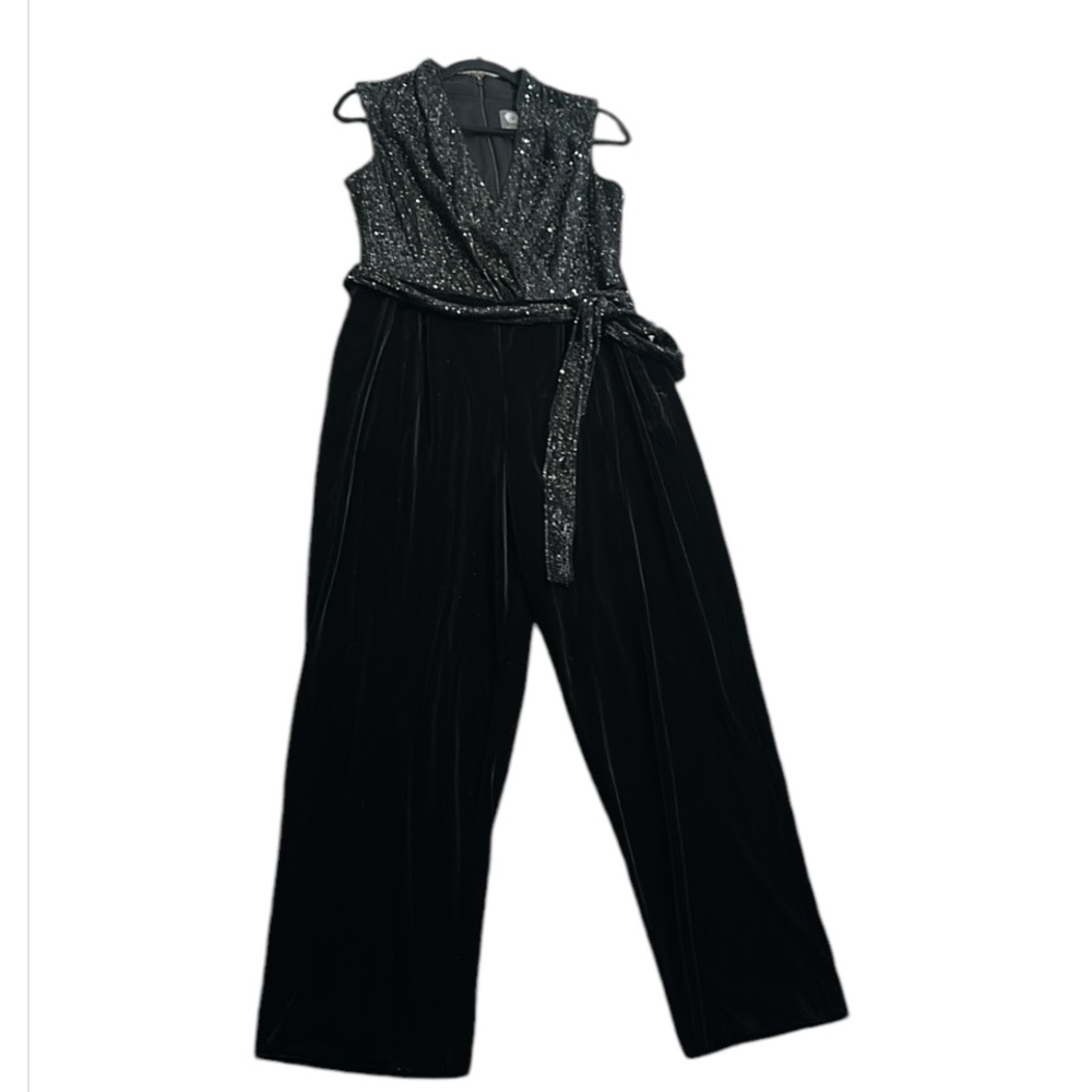 Vince camuto black sequins velvet jumpsuit vneck tie waist  12 cocktail party